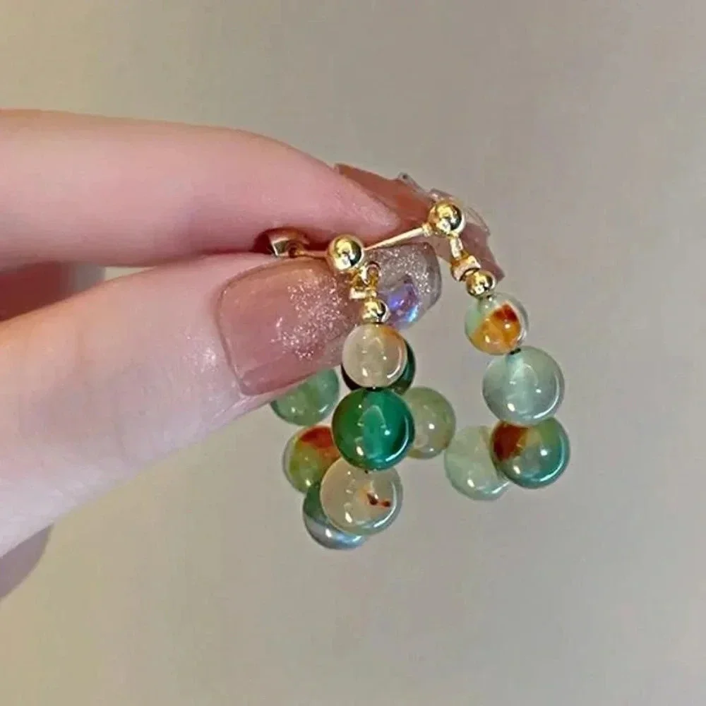 Faux Jade Beaded Hoop Post Earrings 2PCS NEW - Picture 2 of 3